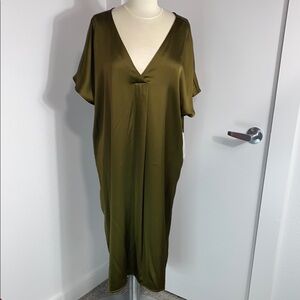 Elegant  British Olive Green V-Neck Dress